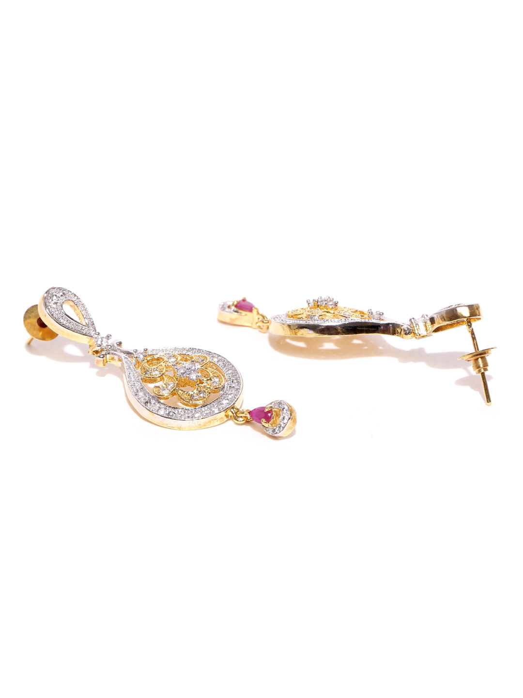 YouBella Silver-Toned  Gold-Toned Teardrop Shaped Drop Earrings